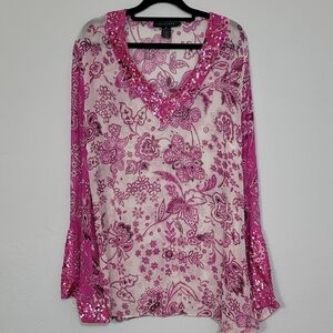 Vintage Silkland Women’s 100% Silk Sheer Tunic Top Size XL Pink Sequin Floral
